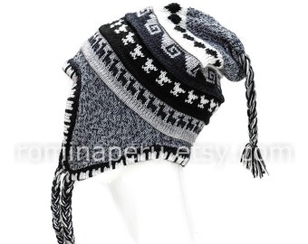 PREMIUM Peruvian Alpaca Hut GREY Unisex mit Earflaps 100% Futter, Chullo Beanie mit Fleecefutter, Earflap Beanie, Winter Earflaps Hut