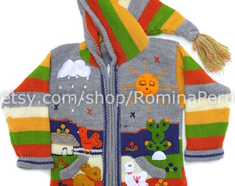 Cardigan en laine pour enfants péruviens avec détails brodés Gris, vestes enfants, Veste pour tout-petit, Cardigan pour enfants à capuche