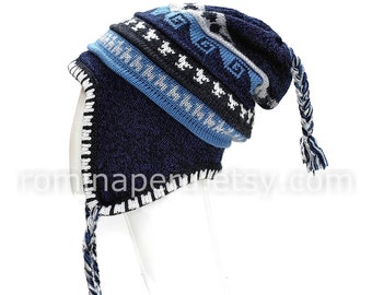 Unisex alpaca hat blue with Earflaps 100% Lining, PREMIUM chullo beanie with fleece lining, earflap beanie peruvian, winter Ear flaps hat