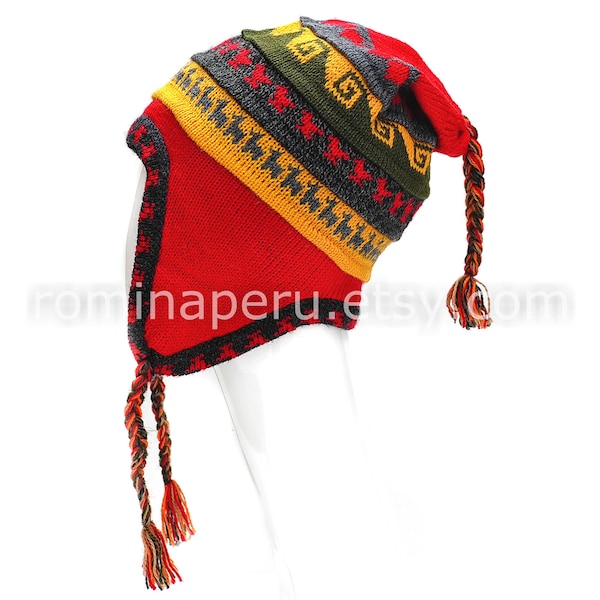 Beau chapeau unisexe en alpaga rouge avec oreillettes doublure 100%, bonnet oreillette, bonnet d'oreille, bonnet chullo avec doublure