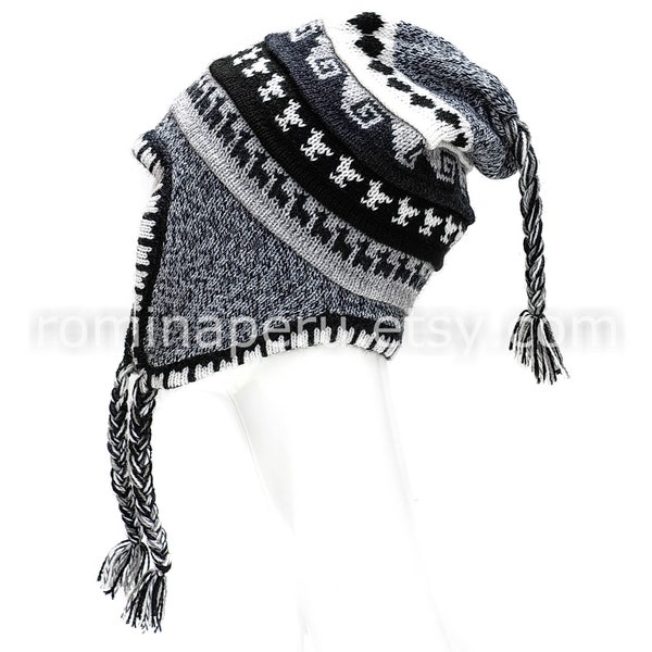 Bonnet PREMIUM en alpaga péruvien GRIS Unisexe avec doublure en Earflaps 100%, Bonnet Chullo avec doublure en polaire, Bonnet rabat Earflap