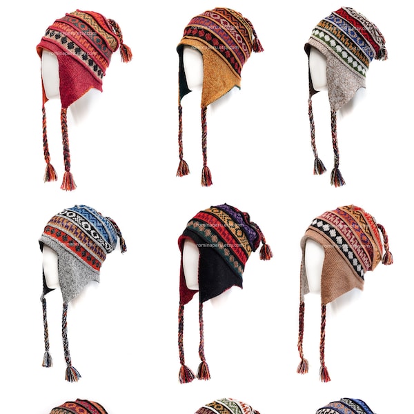 Peruanischer Unisex-Hut 100% Baby Alpaca Fine - Hut umkehrbar mit Ohrenklappen Luxus, Ohrenklappenhut, Chullo Beanie Ohrklappe, Wintermütze