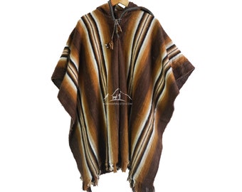 Poncho di lana alpaca con cappuccio unisex marrone, poncho di lana alpaca, poncho tradizionale peruviano, poncho bohemian, etnica poncho