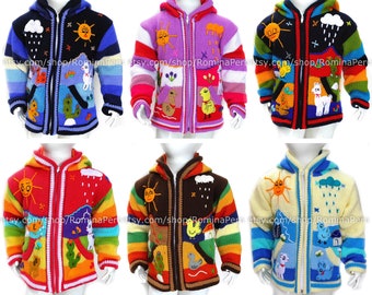 Peruvian kids wool sweater cardigan with embroidered details, kids jacket toddler hoodies, Children's cardigan Kids hooded, boho jacket boys