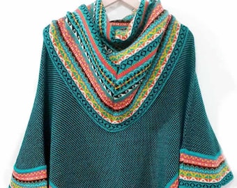 Poncho tricoté à col roulé cape turquoise laine alpaga superfine femme, poncho pull femme chaud doux