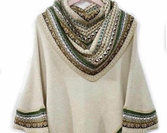 Poncho pull alpaga crème femmes, poncho alpaga avec manches, poncho tricoté col roulé, poncho cap pour les femmes