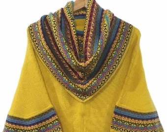 Cape poncho à col roulé tricoté JAUNE Laine d'alpaga superfine femme, pull poncho femme chaud doux