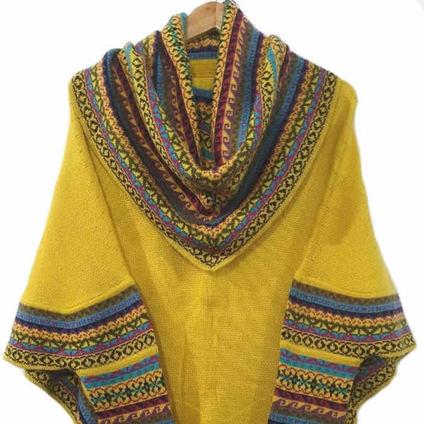 Cape poncho à col roulé tricoté JAUNE Laine d'alpaga superfine femme, pull poncho femme chaud doux