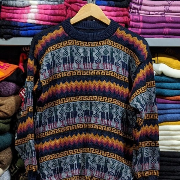 Maglione girocollo blu alpaca, maglione girocollo caldo e morbido modello Inka, maglione pullover lana di alpaca