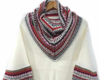 Tricoté à col roulé Poncho Cape WHITE Superfine Alpaga Wool femmes, pull alpaga dames, pull poncho alpaga