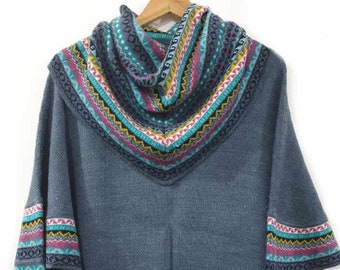 Poncho tricoté à col roulé Cape BLEU Laine d'alpaga superfine femme, poncho pull femme chaud doux