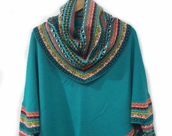 Sweater Alpaca Turquoise Poncho Knitted Turtleneck Superfine Alpaca, Cape poncho for womens warm and soft