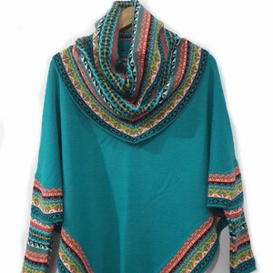 Sweater Alpaca Turquoise Poncho Knitted Turtleneck Superfine Alpaca, Cape poncho for womens warm and soft