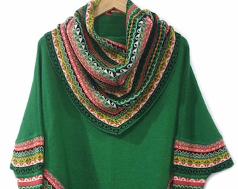 Cape poncho à col roulé en laine alpaga superfine verte Femme, Pull poncho Femme Chaud Doux