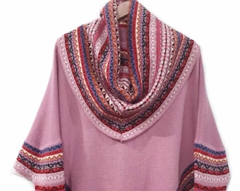 Pulls en alpaga superfine rose pour femmes, poncho en alpaga avec manches, poncho à col roulé tricoté, poncho cape femmes chaudes et douces