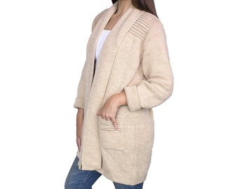 Luxury womens knitted cardigan Beige alpaca wool, Ladies Casual Long Shrug, her gift, 100% alpaca wool