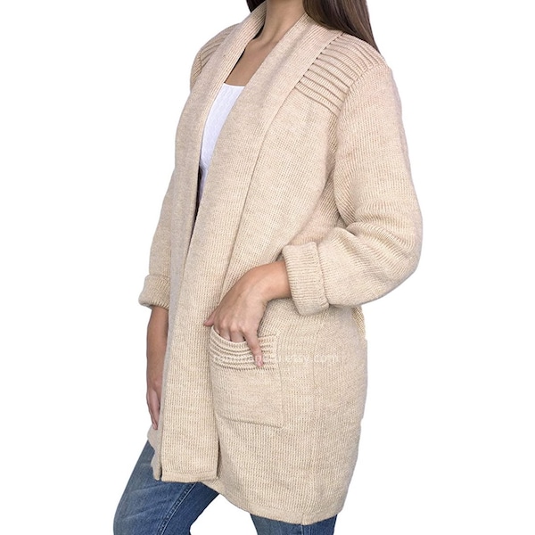 Cardigan tricoté pour femmes de luxe laine d'alpaga beige, dames décontracté long haussement d'épaules, son cadeau, 100% laine d'alpaga