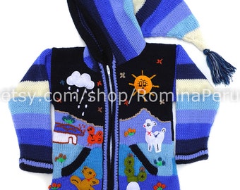 Cardigan en laine pour enfants péruviens avec détails brodés Bleu, vestes pour enfants, veste pour tout-petits, cardigan enfants capuche