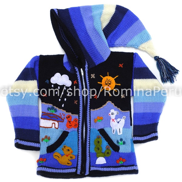 Cardigan en laine pour enfants péruviens avec détails brodés Bleu, vestes pour enfants, veste pour tout-petits, cardigan enfants capuche