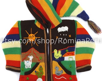 Peruvian kids wool sweater cardigan with embroidered details brown, kids jacket toddler hoodies, Children's cardigan Kids hooded boho jacket