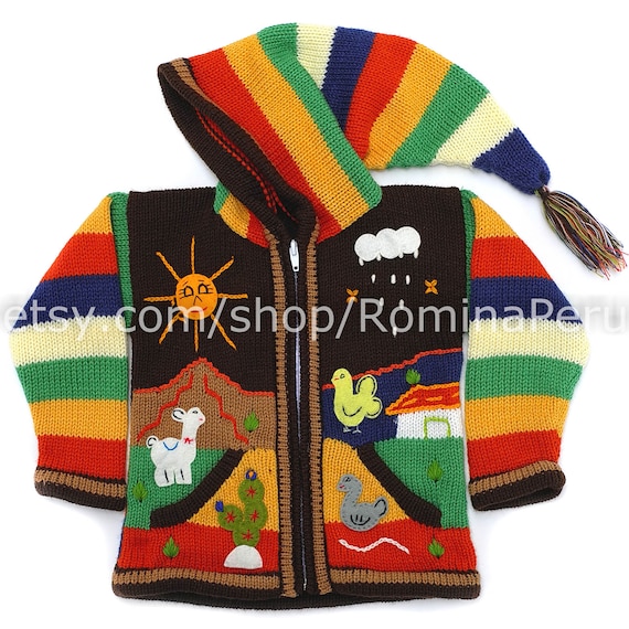 Peruvian kids wool sweater jacket Children's Cardigan Baby Sweater Handmade 