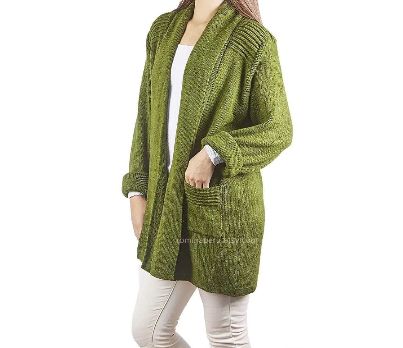 Vert femmes long cardigan pull alpaga poche avant ouverte à - Etsy France