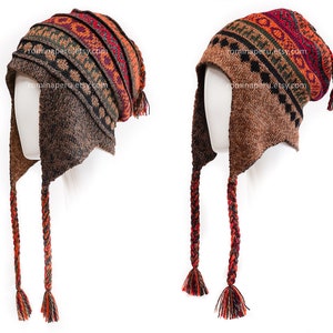 Brown hat reversible peruvian "Chullo" winter hat with earflaps | 100% Baby Alpaca Superfine | Super Soft Comfortable | Unisex Men and Women