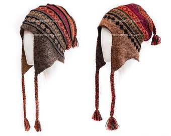 Gorro reversible color café "Chullo" peruano de invierno con orejeras / 100% Baby Alpaca Superfina / Súper Suave Cómodo / Unisex Hombre y Mujer