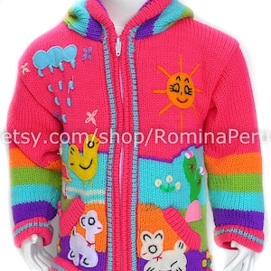 Vest voor kinderen Gebreide sweater met capuchon voor kinderen, hoodies peuters, geborduurde details kinderwollen sweater, jas voor kinderen Fuchsia