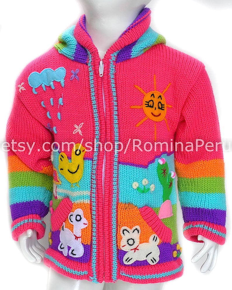 Children's cardigan Kids hooded sweater knitted, jacket toddler hoodies, Peruvian kids wool sweater hand embroidered details, kid jacket image 4