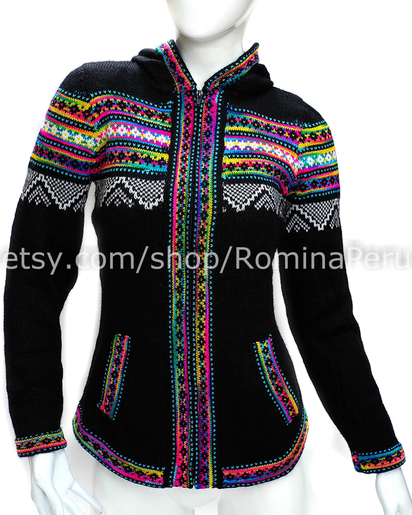 Alpaca Cardigan Zipper Hood Black Rainbow Pullover Zipper | Etsy