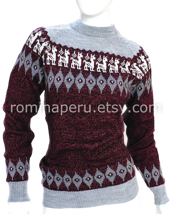 Maroon Sweater Alpaca, Crew Neck Sweater Marbled, Ethnic Women's