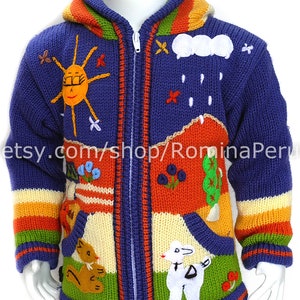 Cardigan pour enfants chandail à capuchon pour enfants tricoté, veste à capuche enfant, veste pour enfant, chandail péruvien enfants brodé Bleu