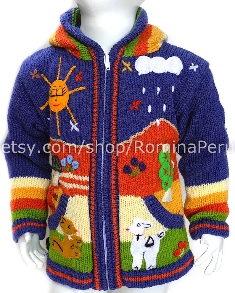 Children's cardigan Kids hooded sweater knitted, jacket toddler hoodies, Peruvian kids wool sweater hand embroidered details, kid jacket Blue