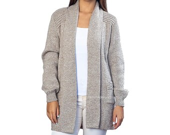 Cárdigan beige largo de alpaca mujer - Cárdigan largo de punto para mujer, suéter cálido y grueso - suéter 100% alpaca, HECHO EN PERÚ