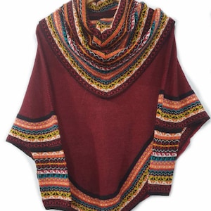 Knitted Turtleneck Poncho Cape YELLOW Superfine Alpaca Wool womens, poncho sweater women warm soft Maroon