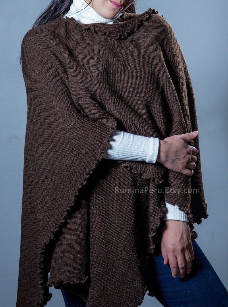 Cape Poncho Alpaga Femme Ruana marron tricoté en laine d'alpaga à volants, châle Cape Wrap alpaga Marron