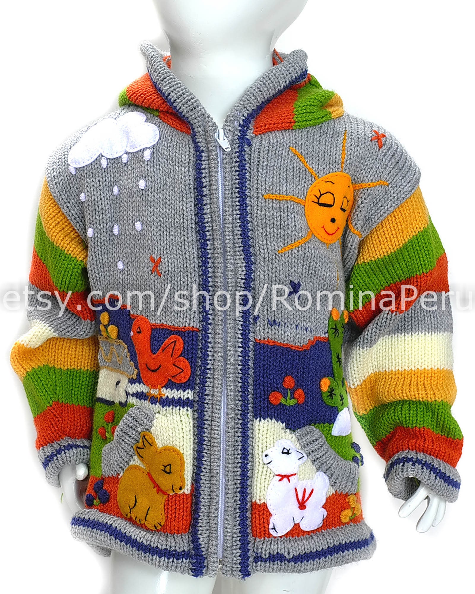 ペルーの子供用ウールセーターカーディガン刺繍ディテール子供用 
