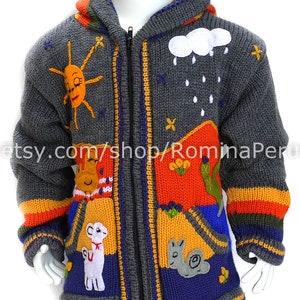 Cardigan pour enfants chandail à capuchon pour enfants tricoté, veste à capuche enfant, veste pour enfant, chandail péruvien enfants brodé Gris