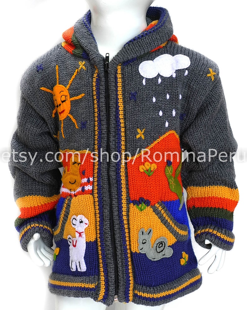 Cardigan pour enfants chandail à capuchon pour enfants tricoté, veste à capuche enfant, veste pour enfant, chandail péruvien enfants brodé Gris