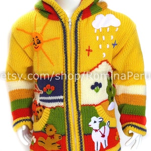 Children's cardigan Kids hooded sweater knitted, jacket toddler hoodies, Peruvian kids wool sweater hand embroidered details, kid jacket Yellow