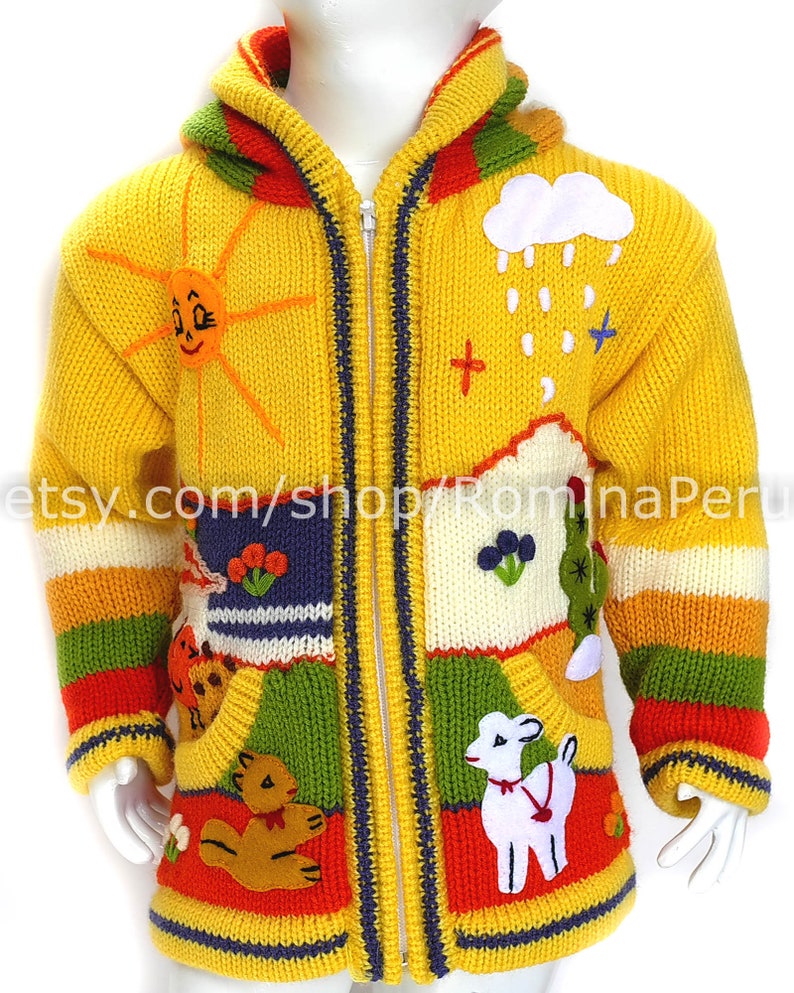 Cardigan pour enfants chandail à capuchon pour enfants tricoté, veste à capuche enfant, veste pour enfant, chandail péruvien enfants brodé Jaune