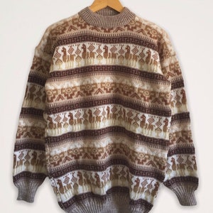 Alpacatrui met lama-figuren, unisex alpacatrui met ronde hals, alpacawol pullover Beige