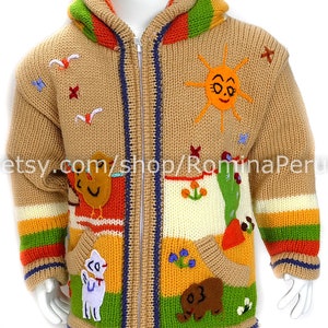 Children's cardigan Kids hooded sweater knitted, jacket toddler hoodies, Peruvian kids wool sweater hand embroidered details, kid jacket Beige