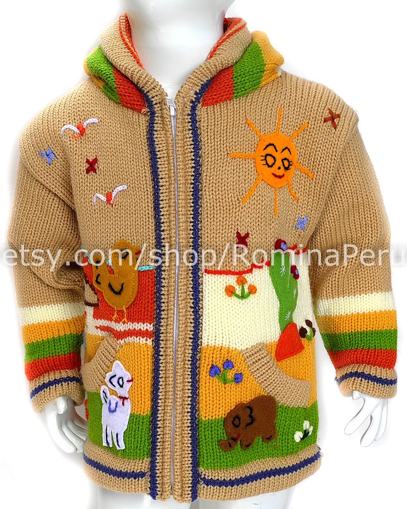 Children's cardigan Kids hooded sweater knitted, jacket toddler hoodies, Peruvian kids wool sweater hand embroidered details, kid jacket image 3