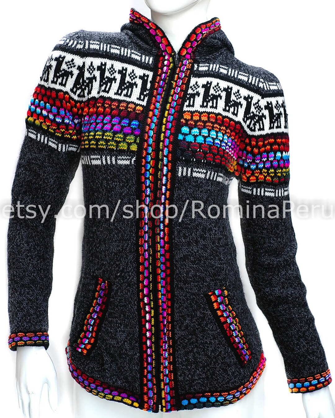 Alpaca Cardigan Gray Zipper Hood Details Colorful, Pullover Zipper ...