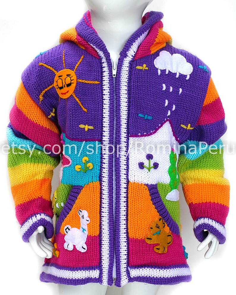Peruvian Kids Wool Sweater Cardigan With Embroidered Details Etsy