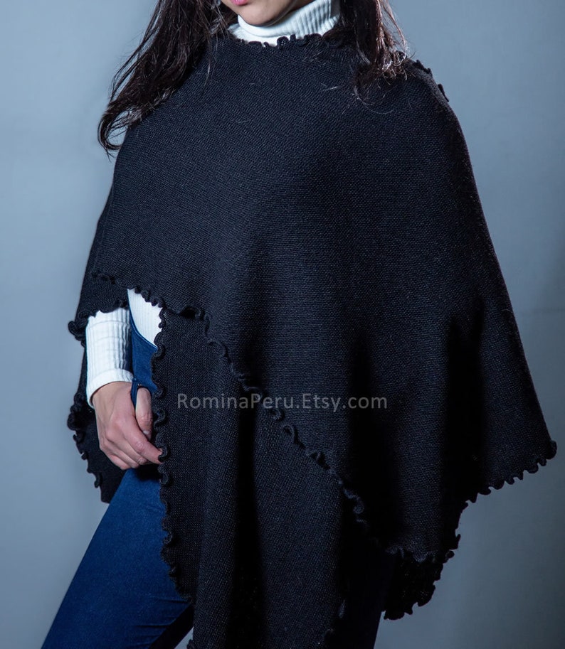 Cape Poncho Alpaga Femme Ruana marron tricoté en laine d'alpaga à volants, châle Cape Wrap alpaga Noir