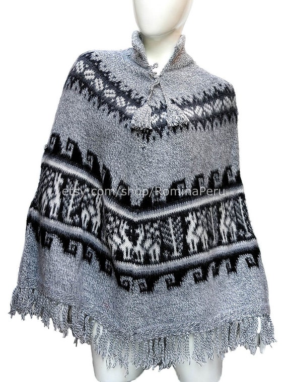 ペルーポンチョグレー、女性用アルパカポンチョ、ペルーアルパカウール  