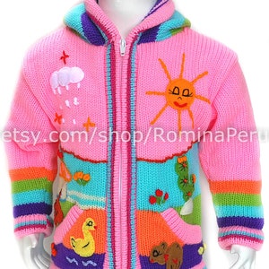 Cardigan pour enfants chandail à capuchon pour enfants tricoté, veste à capuche enfant, veste pour enfant, chandail péruvien enfants brodé Rose